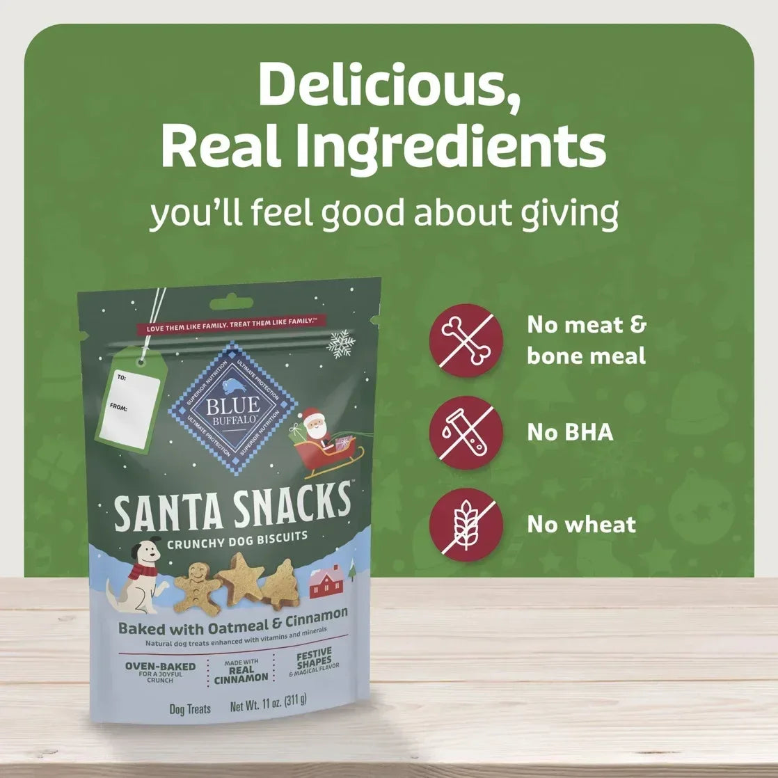 Blue Buffalo Santa Snacks Crunchy Dog Biscuits, Oven-Baked, Oatmeal & Cinnamon, 11-oz. Bag