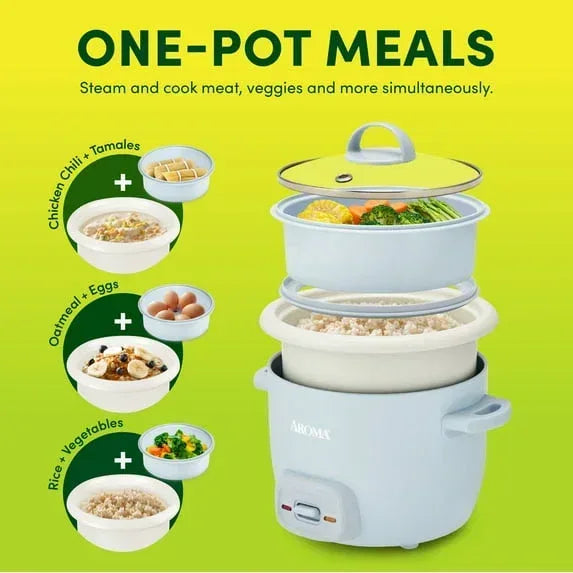 AROMA® 4-Cup Cooked, 2-Cup Uncooked Rice Cooker & Food Steamer with Bonded Granite® Nonstick Ceramic & Pop-Up Steam Tray - Blue