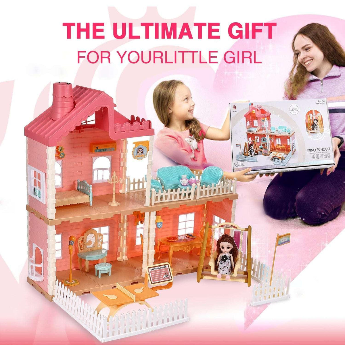 Hengswere 19Inch Dollhouse for Girls, 3 Rooms Princess Dollhouses with Furniture & Accessories and Doll Toy, Premium ABS Plastic, Pink