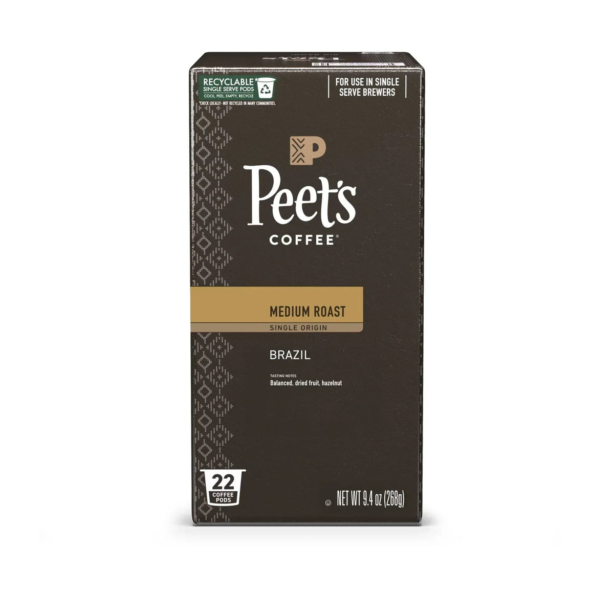 Peet's Coffee Single Origin Brazil Premium Medium Roast Single Serve Coffee Pods, 22 Count
