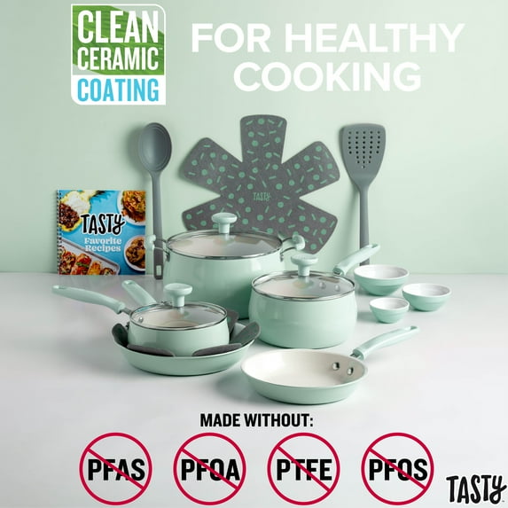 Tasty Clean Ceramic 16 Piece Non-Stick Aluminum Cookware Set, Sage Green