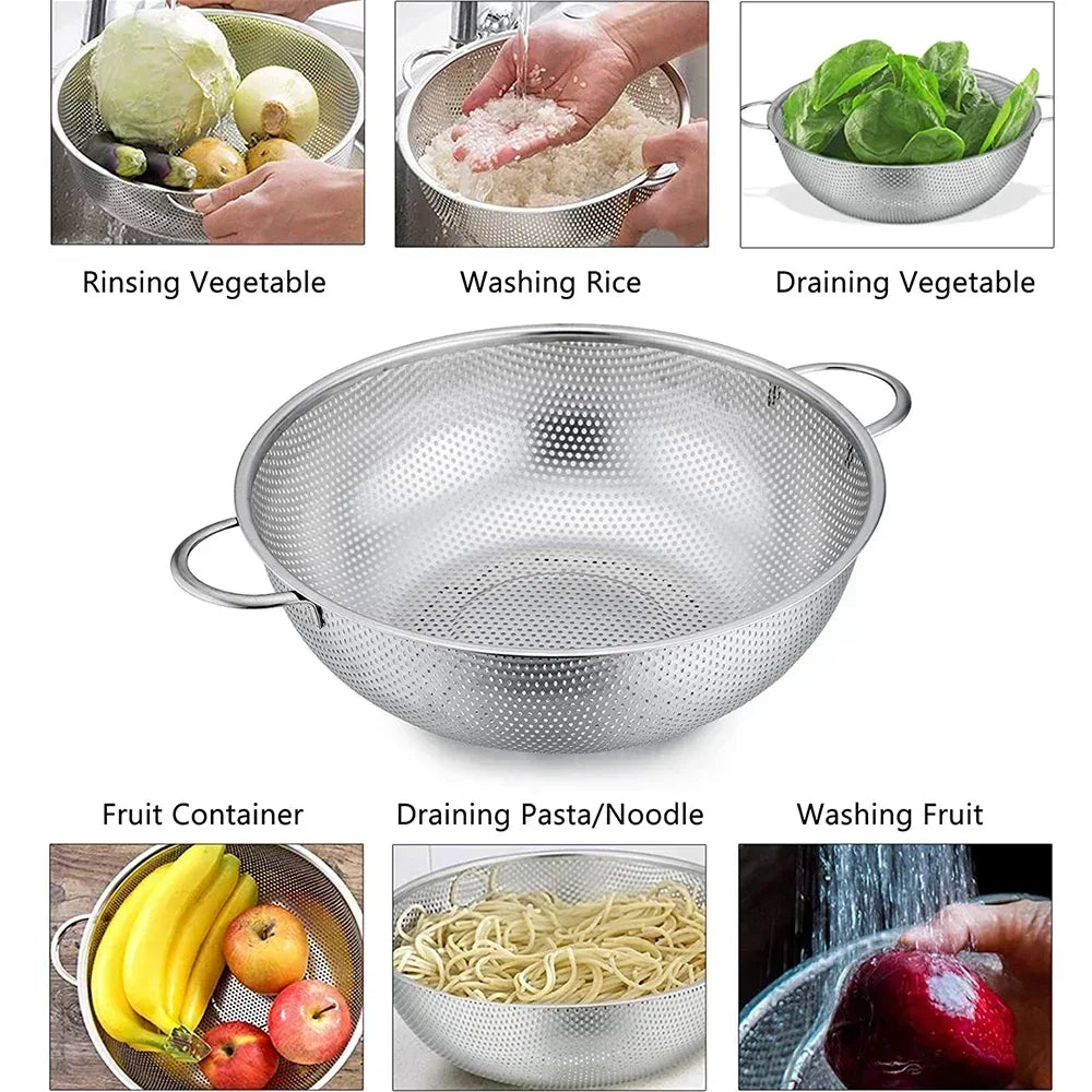 VeSteel Colander Set of 3, Stainless Steel Micro-Perforated Colanders Strainers for Draining Rinsing Washing, Ideal for Pasta Vegetables Fruits, Heavy Duty & Dishwasher Safe