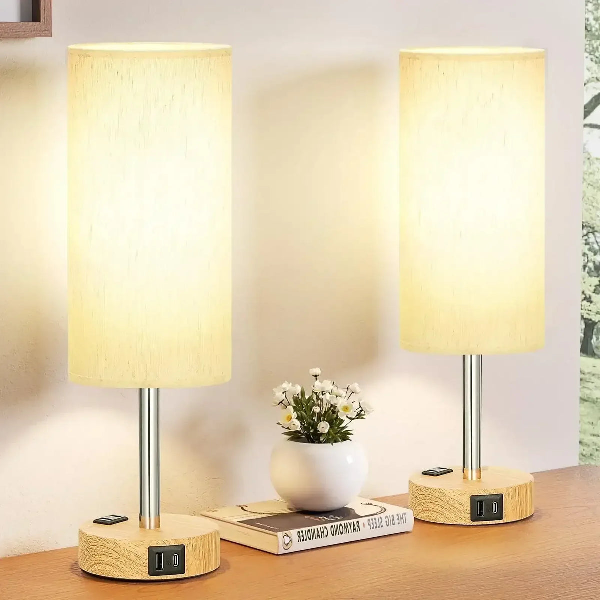 2PCS Small Touch Control Table Lamps for Bedroom, 3 Way Dimmable Bedside Lamp with USB C+A Fast Charging Ports, Nightstand Lamp for Office, Living Room, Reading, Bulbs Included, Wood