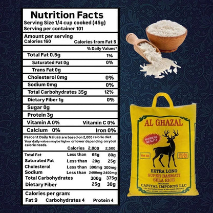 Al Ghazal Basmati Sela Rice Extra Long Super Basmati sela 10 Lbs / 4.54 kg, Non GMO, Extra Long Basmati Rice, White Rice, Vegan Dried Rice, BPA & Gluten Free, Zip Lock Bag, Non Sticky Grain
