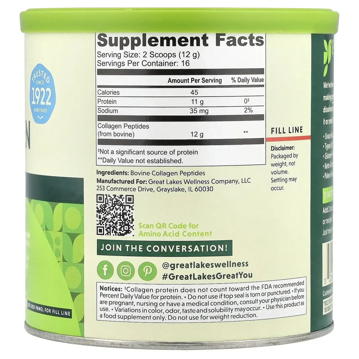 Great Lakes Wellness Sustainable Marine Collagen Peptides Powder for Skin, Hair, Nails, Joints & Digestion - Unflavored - Quick Dissolve Hydrolyzed, Wild Caught, MSC Certified, Non-GMO, Kosher - 16 oz