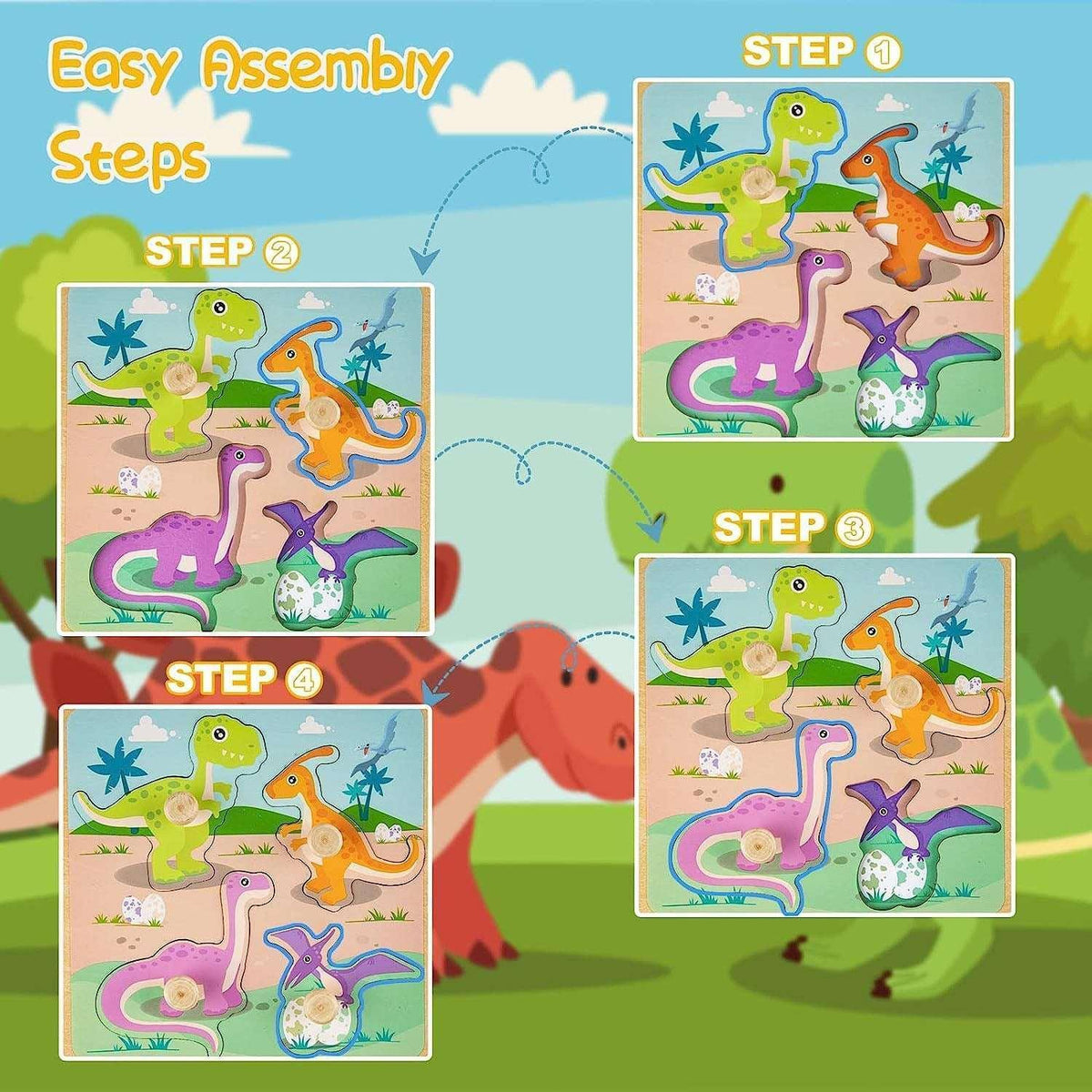 Puzzles for Kids, Wooden Peg Puzzles for Toddlers 2 3 4 Years Old, 4 Pcs Montessori Educational Learning Puzzles Set - Dinosaur, Farm, Sea Animal and Fruit