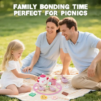 JoyStone Wooden Tea Party Set for Toddlers, Pretend Play Tea Sets for Kids with Storage Cupcake Stand, Wooden Toys Gifts for Girls & Boys