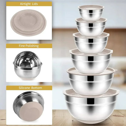 TINANA 26PCS Stainless Steel Mixing Bowls with Lids Set, Nesting Mixing Bowl Set with Non-Slip Bottom Graters Tools Gadgets, 7/4/3.5/2.5/2/1.5QT Metal Salad Bowls for Serving Prepping Baking