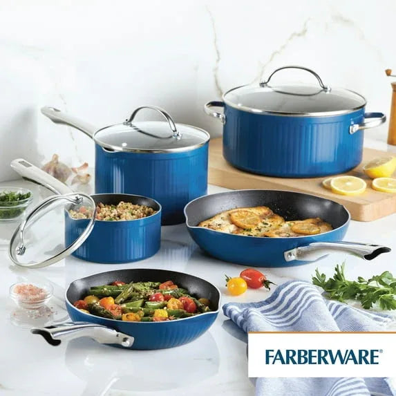 Farberware Style 10 Pcs Nonstick Cookware Set with Cooking Tools, Dishwasher Safe and Oven Safe to 500°F, Blue