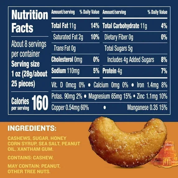PLANTERS Deluxe Honey Roasted Whole Cashews, Sweet and Salty Snacks, Plant Based Protein, 8.25 oz Steel Can