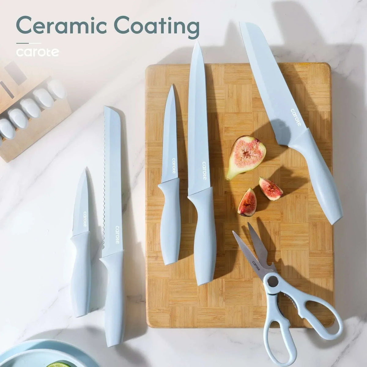 Carote 15-Piece Premium Kitchen Knife Set, Black Ceramic-Coated Blades with Stylish Wooden Block
