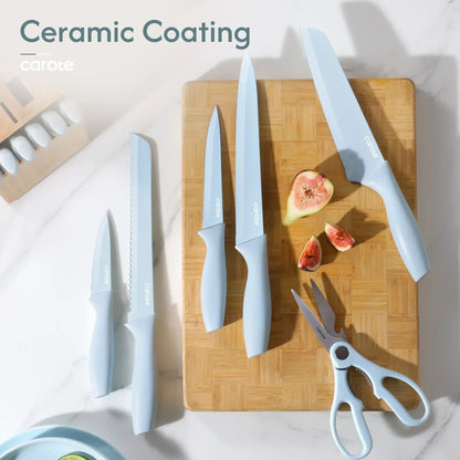 Carote 15-Piece Premium Kitchen Knife Set, Ceramic-Coated Blades with Stylish Wooden Block