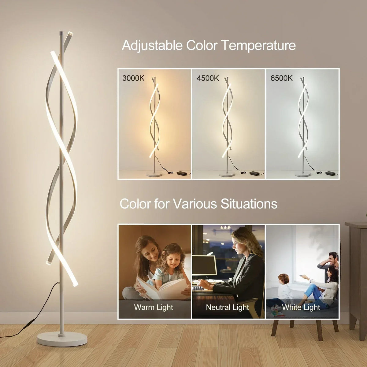 LED Spiral Floor Lamp 60 Inch Modern Floor Lamps Dimmable Black Standing Lamp 34W Contemporary Floor Lamps for Living Room Bedroom Kitchen Office
