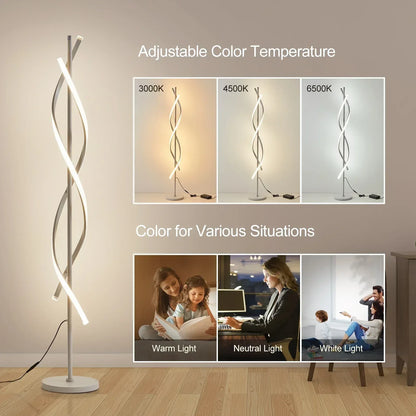 LED Spiral Floor Lamp 60 Inch Modern Floor Lamps Dimmable Black Standing Lamp 34W Contemporary Floor Lamps for Living Room Bedroom Kitchen Office