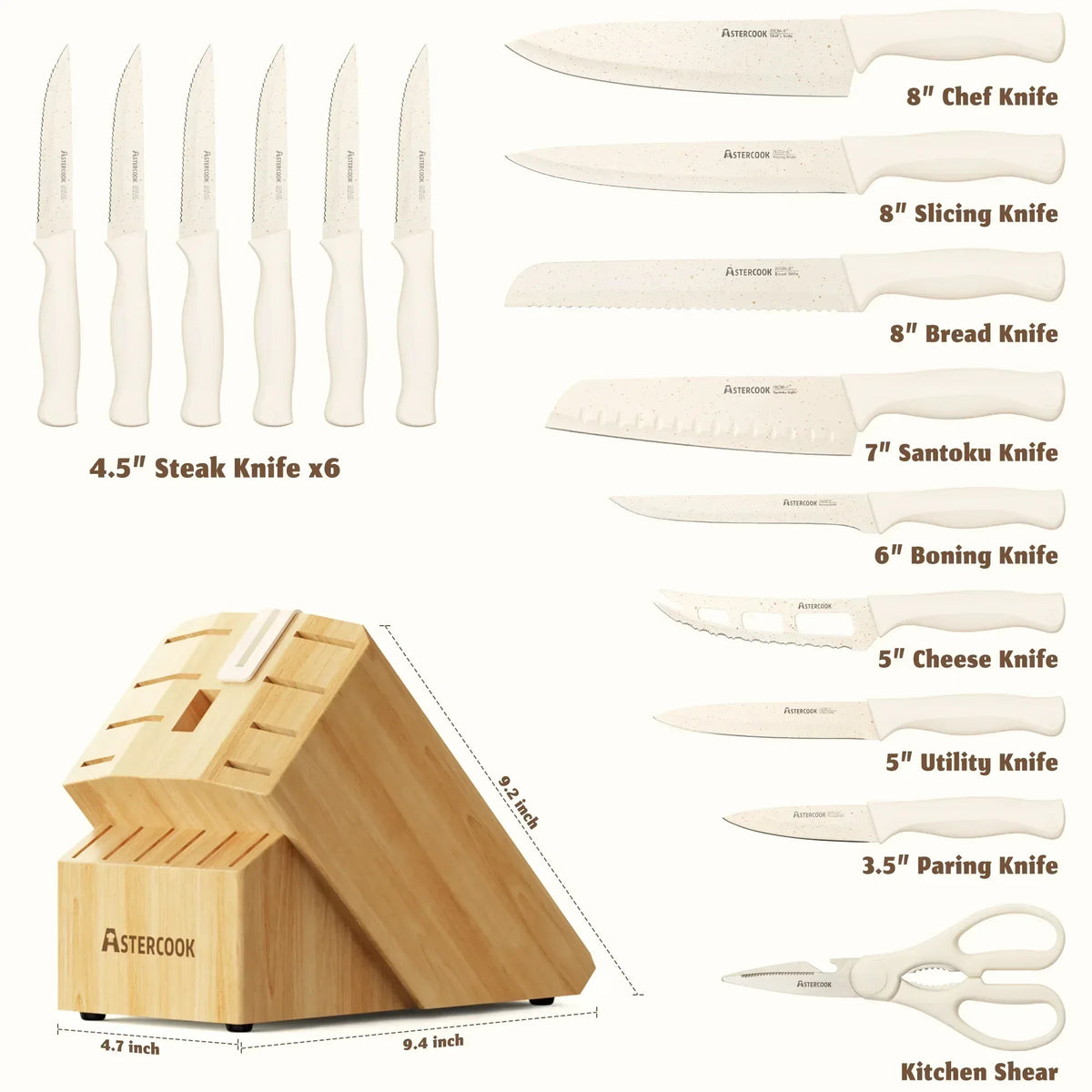 Astercook Knife Set, 17 Pieces Kitchen Knife Sets with Anti-Rust Coating & Built-in Sharpener, High Carbon German Stainless Steel Knives Block Sets, Dishwasher Safe, Perfect Holiday Gifts for Kitchen