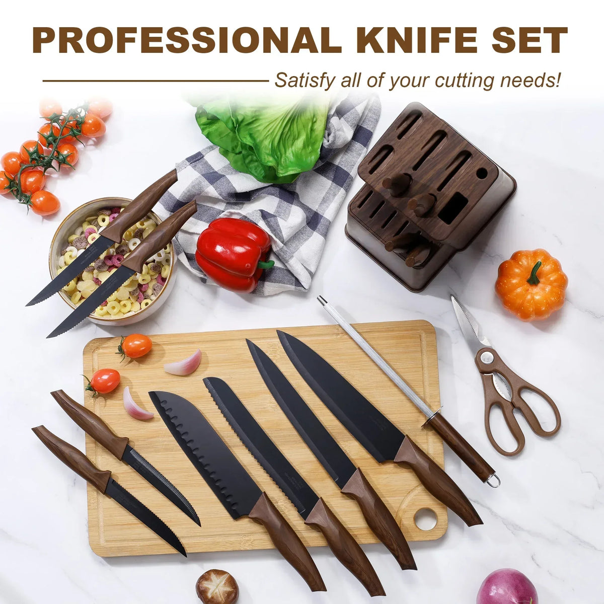 Vesteel Knife Set for Kitchen with Block, 15 Pcs High Carbon Stainless Steel Kitchen Knife Set with Self Sharpening