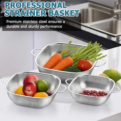 VeSteel Colander Set of 3, Stainless Steel Micro-Perforated Colanders Strainers for Draining Rinsing Washing, Ideal for Pasta Vegetables Fruits, Heavy Duty & Dishwasher Safe