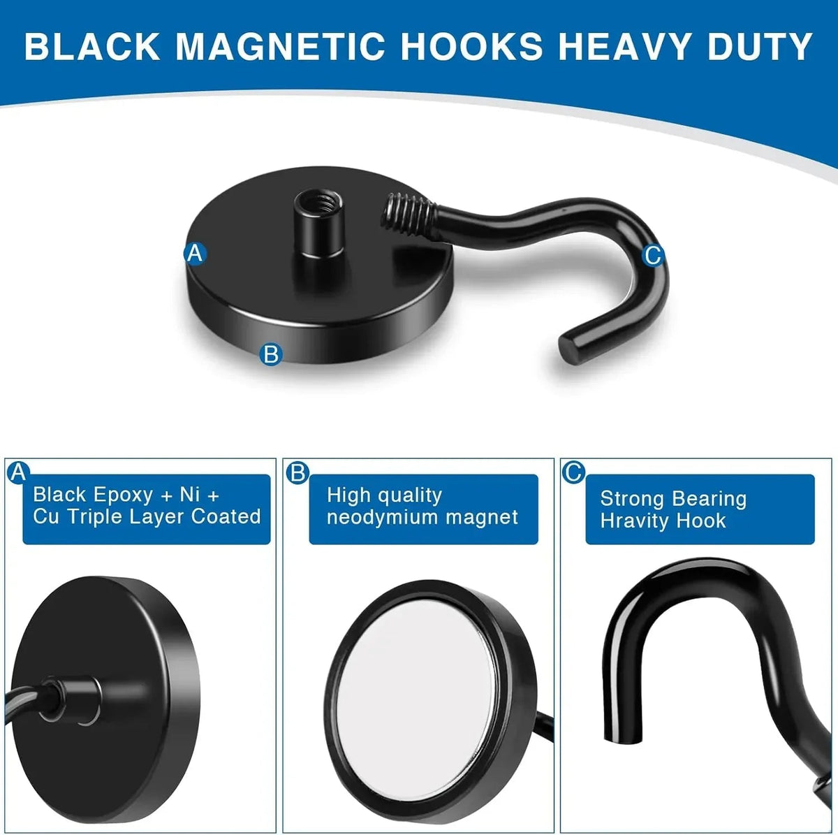 DIYMAG Magnetic Hooks Heavy Duty, 40lbs Strong Magnetic Hooks Heavy Duty with Epoxy Coating for Refrigerator, Black Magnetic Cruise Hooks for Hanging, Classroom, Office, and Kitchen - Pack of 4