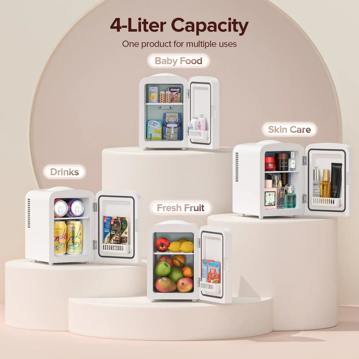 Auseo Mini Portable Fridge Personal, Countertop, 4L/6 Cans, Cooler Small Refrigerator, Front Door Stainless Steel, AC/DC, Option for Skincare, Makeup, Drinks, Dorm Room, White