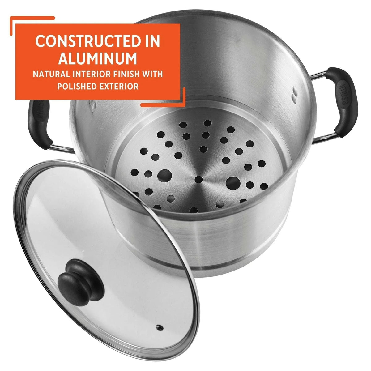 Imusa 10Qt Aluminum Steamer or Stock Pot with Glass Lid & Removable Rack