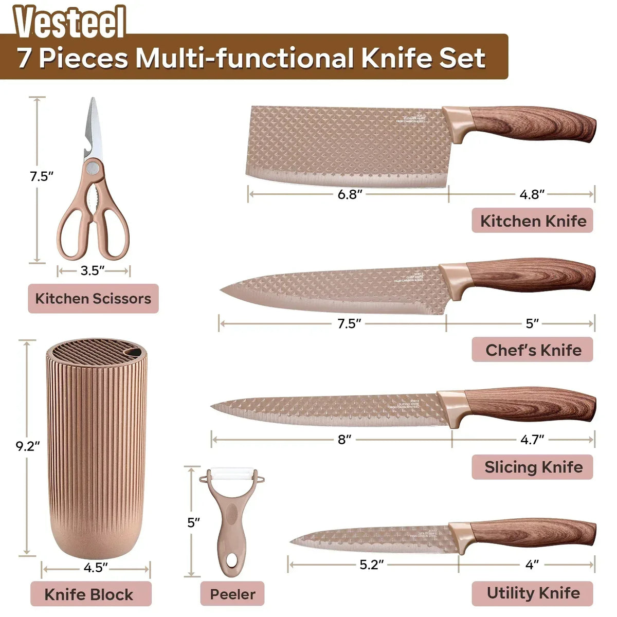 Vesteel Kitchen Knife Set of 7, Professional Stainless Steel Knives Set for Kitchen with Universal Knife Block - Khaki