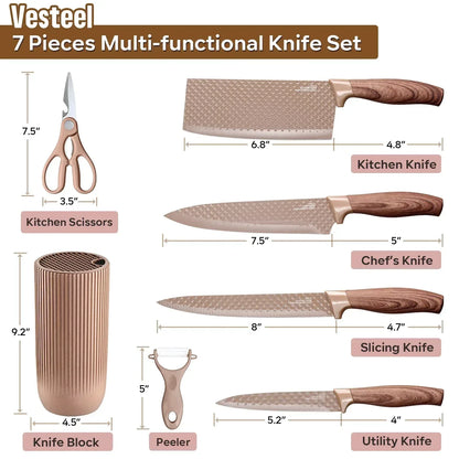 Vesteel Kitchen Knife Set of 7, Professional Stainless Steel Knives Set for Kitchen with Universal Knife Block - Khaki
