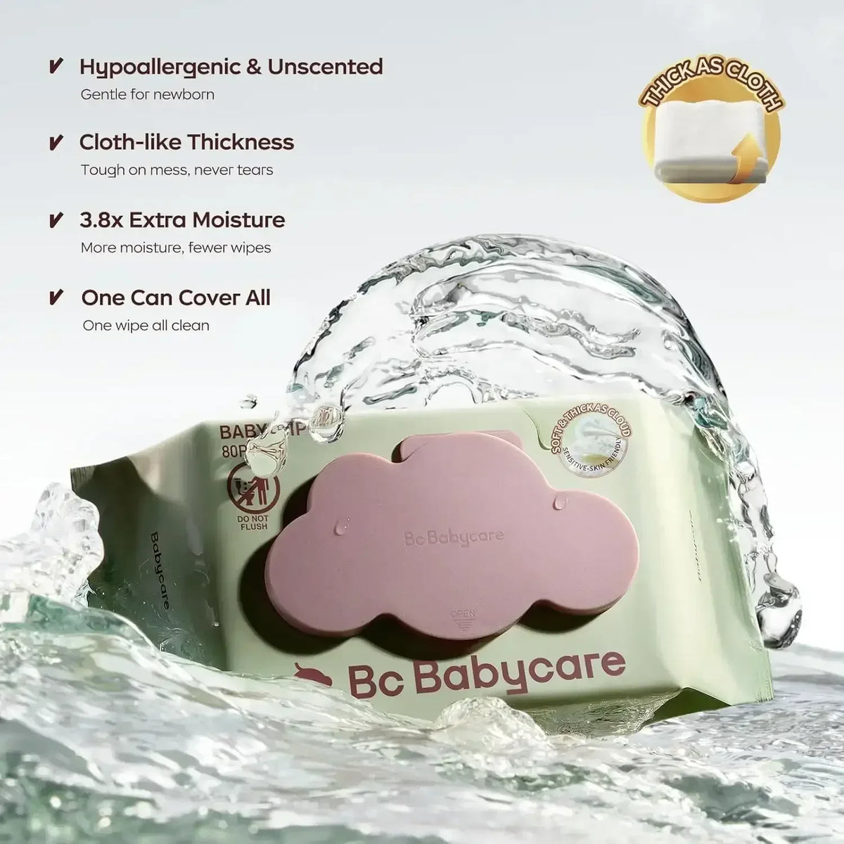 Bc Babycare Sensitive Baby Wipes Unscented, XL Extra Thick,Hypoallergenic,99% Water