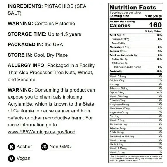 Pistachios Roasted and Salted, 0.5 Pounds - Kosher, Vegan - by Food to Live