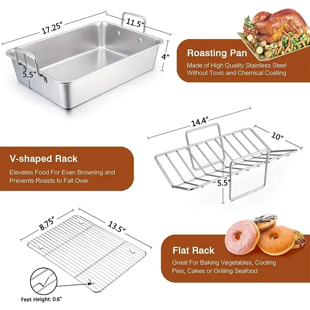 VeSteel 16'' x 11.5'' Roasting Pan with Rack, Stainless Steel Turkey Roaster Include Deep Lasagna Pan & V-Shaped Rack & Roasting Rack, Heavy Duty & Dishwasher Safe