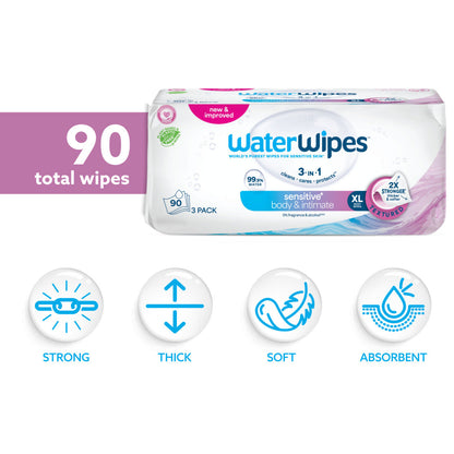 WaterWipes Sensitive Body & Intimate Wipes, 3-In-1 Cleans, Cares, Protects, 99.9% Water, Unscented & Hypoallergenic Hygiene Wet Wipes, Adult Care, 3 Packs (90 Wipes)