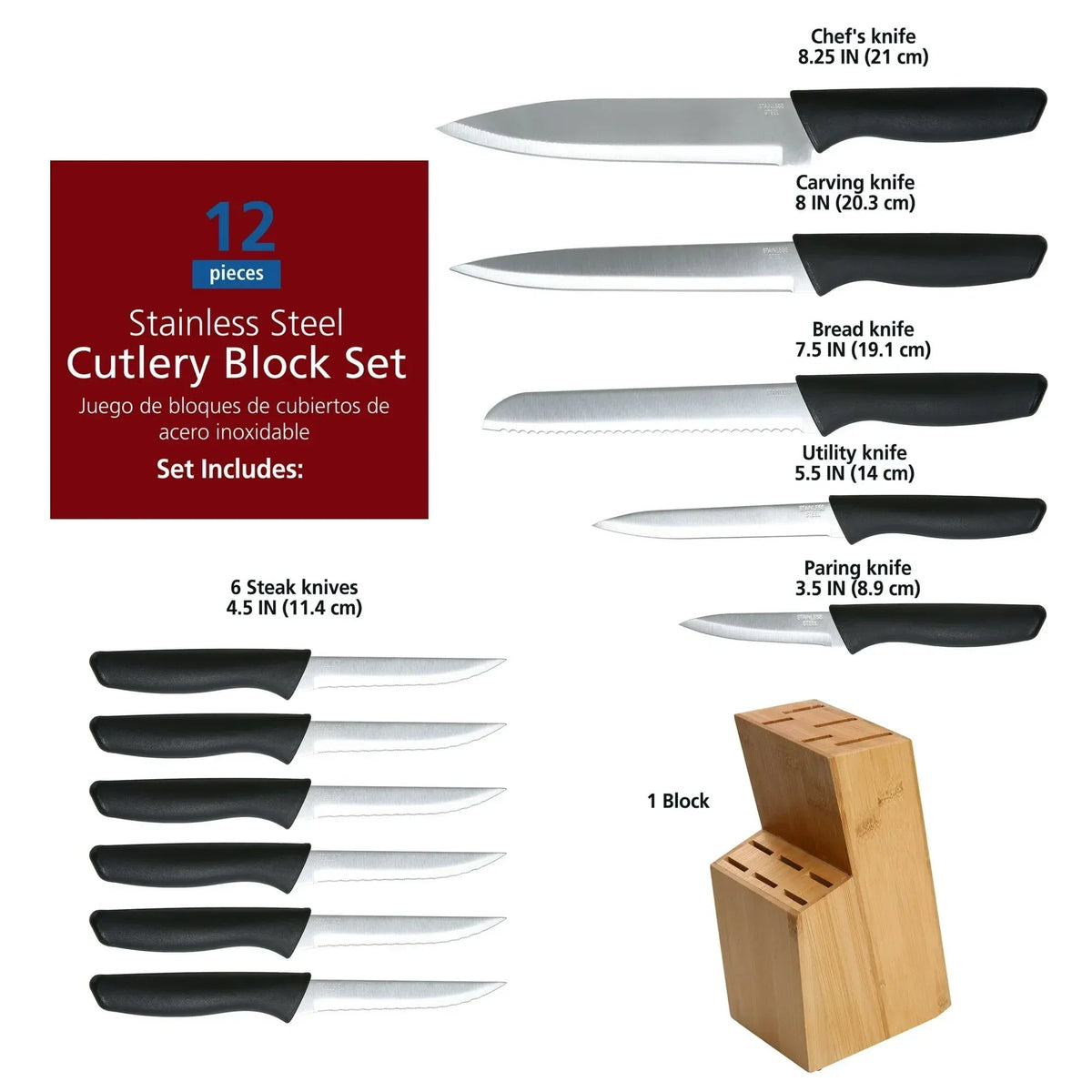 Mainstays 12 Piece Cutlery Set with Soft Grip Handles and Bamboo Storage Block
