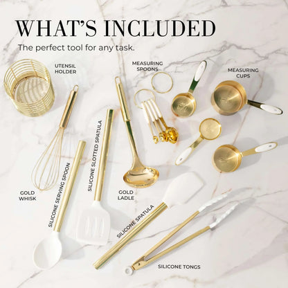 Styled Settings White and Gold Kitchen Utensils Set - 15-Piece Non-Scratch, White and Gold Utensils Set Includes White Silicone Cooking Utensils and White and Gold Measuring Cups and Spoons
