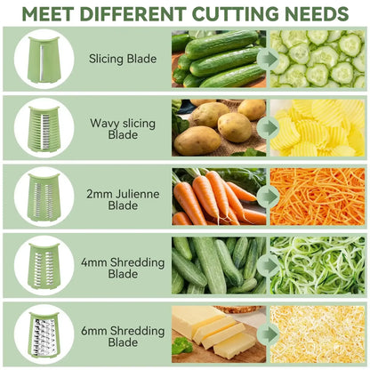 Pukomc Rotary Cheese Grater with Handle- 5 Blades, Suction Base, Mandoline Slicer & Veg Shredder with Blade Storage Box(Green)