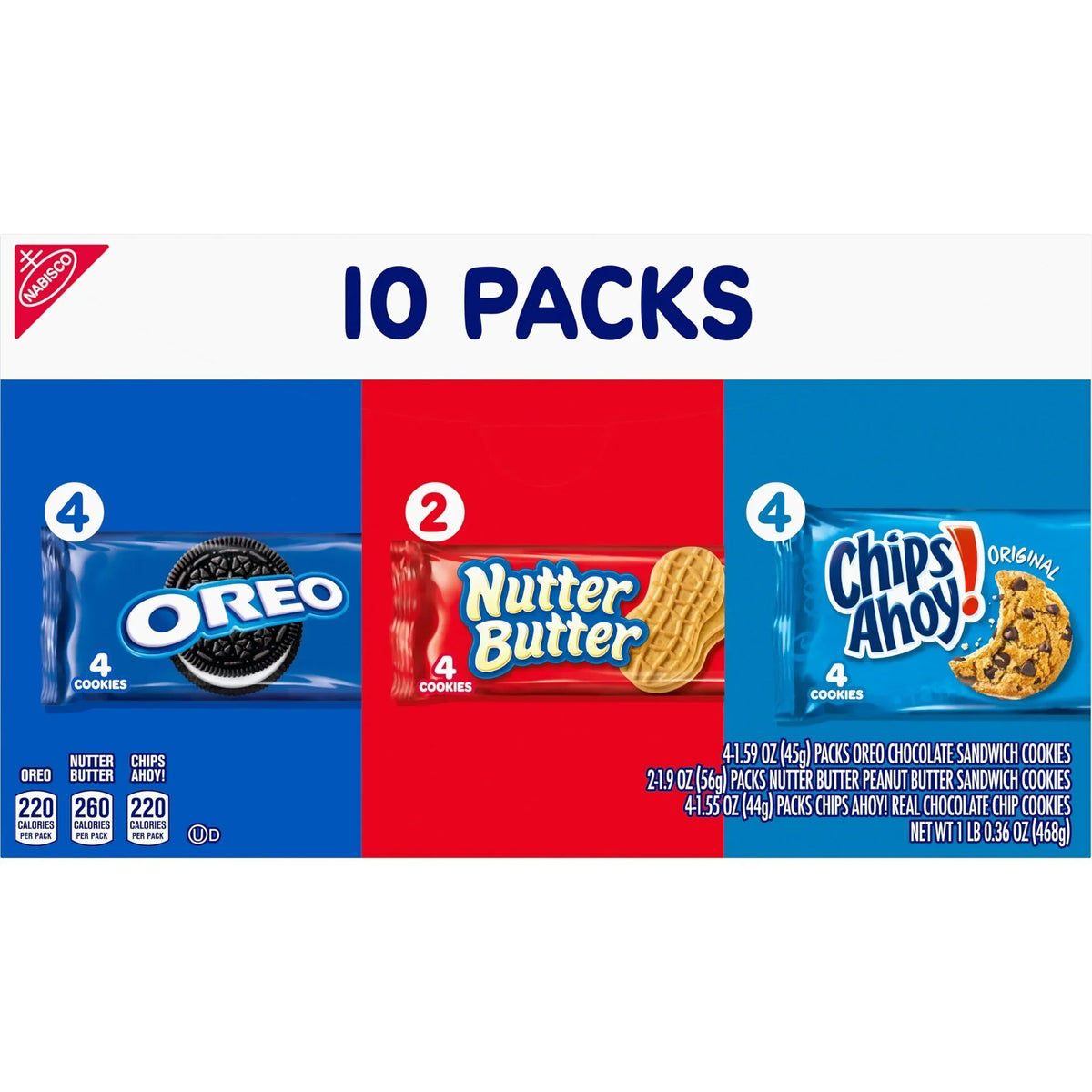 Nabisco Cookie Variety Pack, OREO, Nutter Butter, CHIPS AHOY!, 10 Snack Packs (4 Cookies Per Pack)