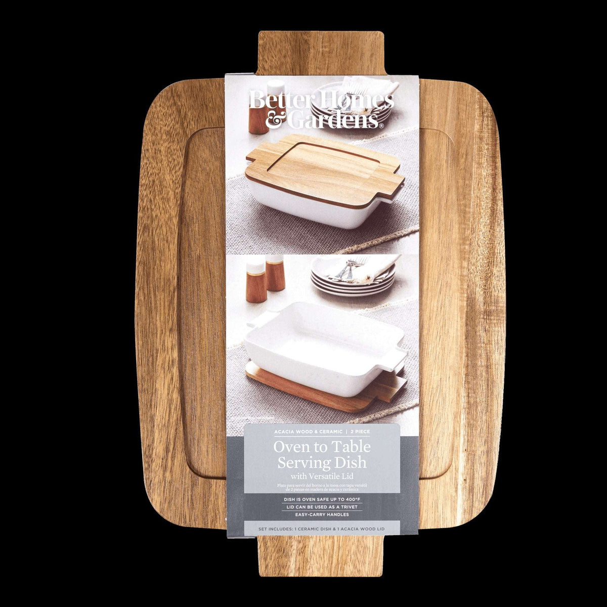 Better Homes & Gardens Ceramic Oven to Table Serveware Dish with Acacia Lid, 13.39 x 9.06 x 3.39 in