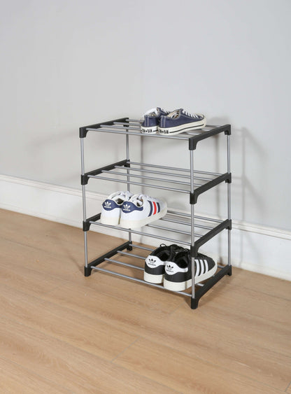 Mainstays 4 Tier Shoe Rack, Black and Silver, 8 Pairs of Shoes, Metal Tubes & Plastic Connectors
