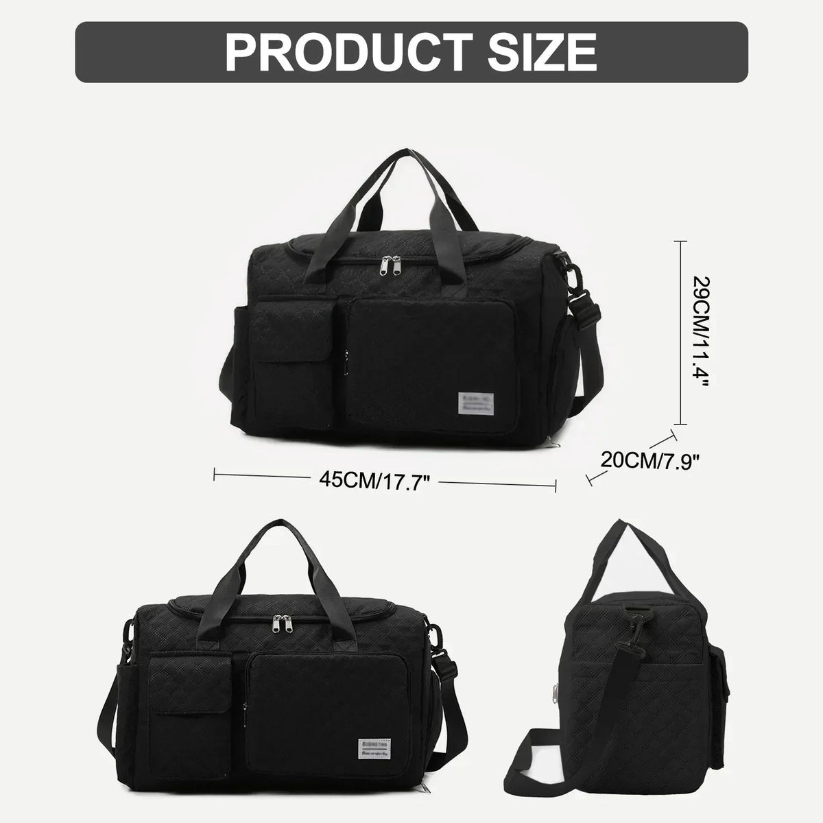 DAKIMOE Travel Duffle Bag for Women Men, Weekender Bags Carry on Gym Bag with Wet Pocket/Adjustable Strap/Shoe Compartment, Foldable Waterproof Overnight Tote Bag for Plane Sports Dance, Black