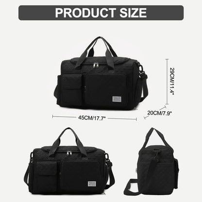 DAKIMOE Travel Duffle Bag for Women Men, Weekender Bags Carry on Gym Bag with Wet Pocket/Adjustable Strap/Shoe Compartment, Foldable Waterproof Overnight Tote Bag for Plane Sports Dance, Black