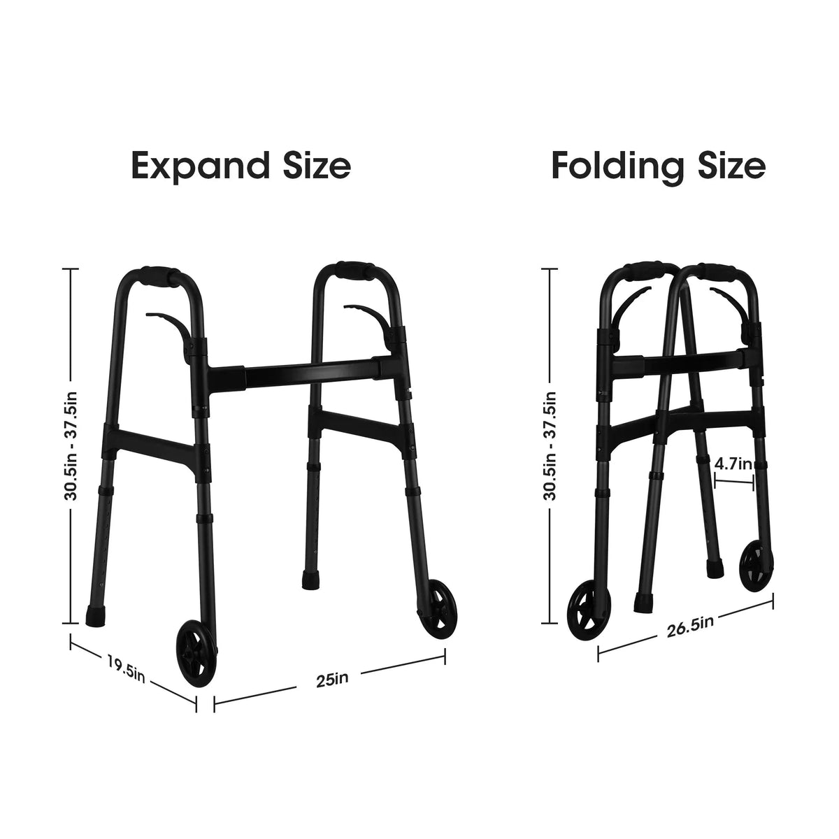 MaxKare Folding Walker with Wheels, 8 Levels Adjustable Height 30.5"-37.5", 300lbs Weight Capacity, Lightweight, for Senior, Black