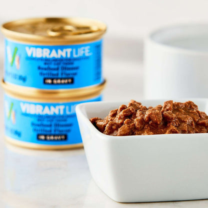 (24 pack) Vibrant Life Seafood Dinner Grilled Flavor in Gravy Wet Cat Food, 3 oz Can