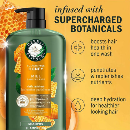 Herbal Essences Sulfate Free Shampoo with Honey for Daily Moisture, Nourishes Dry Hair, Moisturizing Shampoo with Certified Camellia Oil and Aloe Vera, Lightweight For All Hair Types, 33.8oz