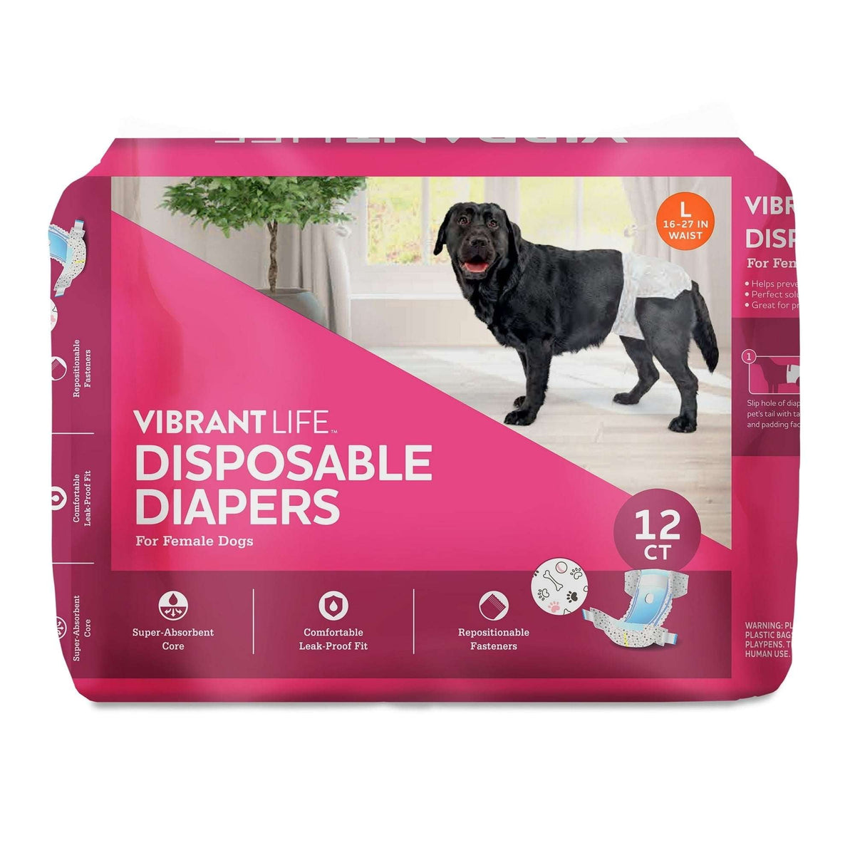 (2 pack) Vibrant Life Disposable Dog Diapers for Female Dogs, L, 12 Count