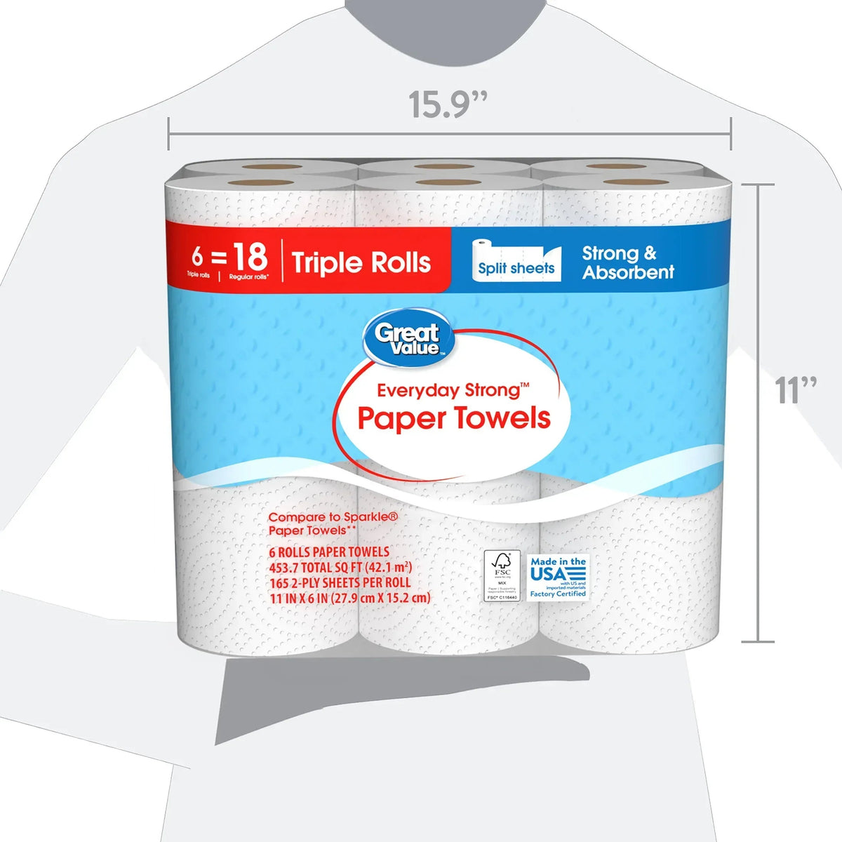 Great Value Everyday Strong Paper Towels, 6 Triple Rolls, Split Sheets