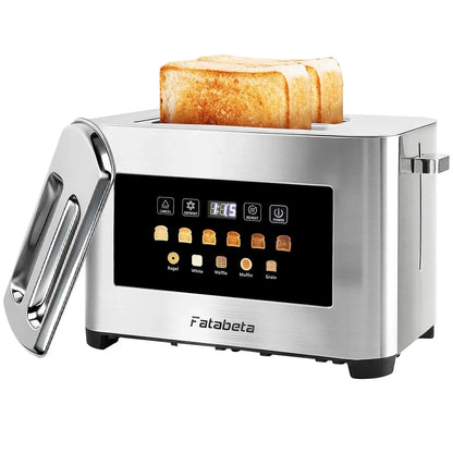 Fatabeta Toaster, 2 Slice Toaster with Dust Cover, Wide Slot for Bagel & Bread, 6-Shade Even Toasting, Defrost & Reheat, Smart LED Touchscreen, Stainless Steel