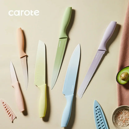 Carote 12 Pcs Kitchen Knife Set, Stainless Steel Knife Set with Nonstick Creamic Coating, Taupe