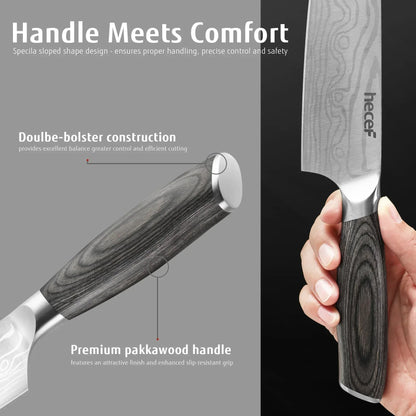 Hecef 8-Inch Chef Knife with Japanese Damascus Pattern and Ergonomic Wood Handle