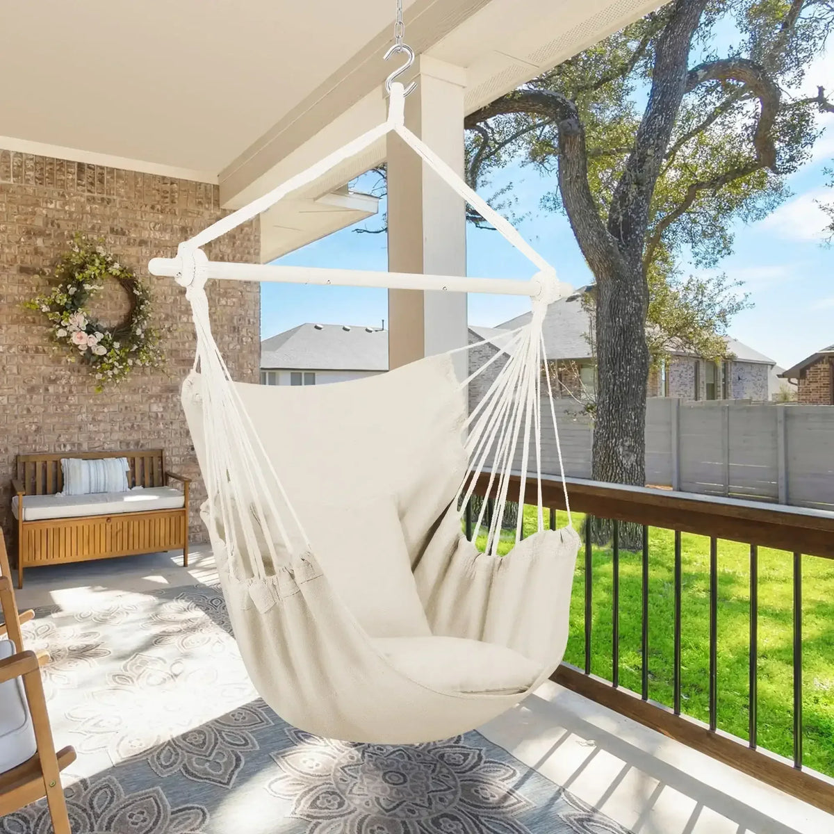 Large Hammock Chair Swing, Relax Hanging Rope Swing Chair with Detachable Metal Support Bar & Two Seat Cushions, Cotton Hammock Chair Swing Seat for Yard Bedroom Patio Porch Indoor Outdoor