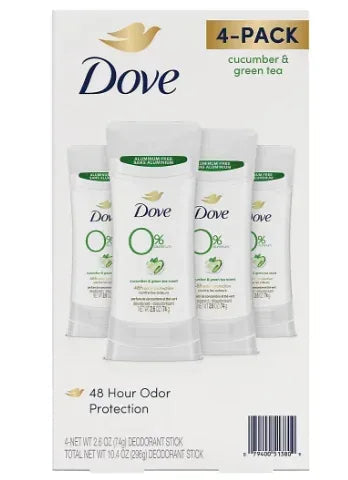 Dove 0% Aluminum Deodorant Stick - Cucumber and Green Tea, 4 pk./2.6 oz.