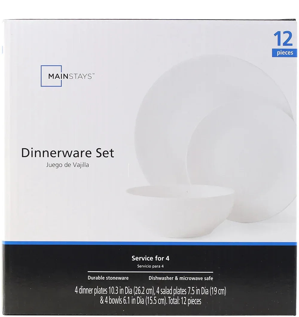 Mainstays Glazed White Stoneware Dinnerware Set, 12-Pieces