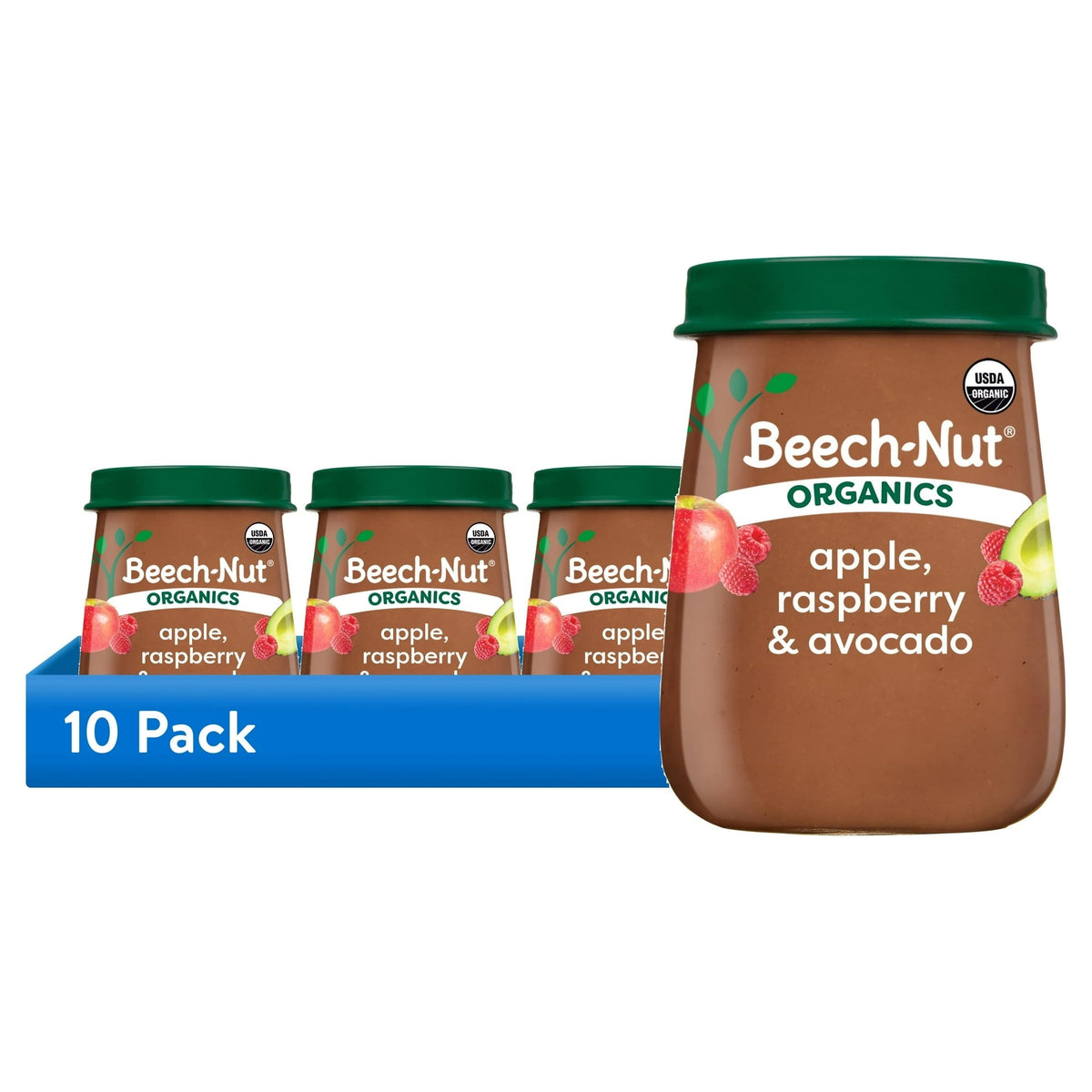 (10 pack) Beech-Nut Organics Stage 2 Organic Baby Food, Apple Raspberries & Avocado, 4oz Jar